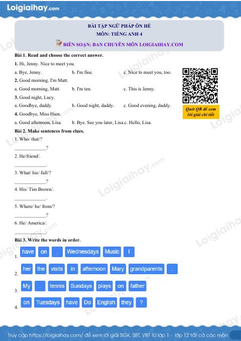Tổng hợp bài tập Ngữ pháp - Ôn hè Tiếng Anh lớp 4
